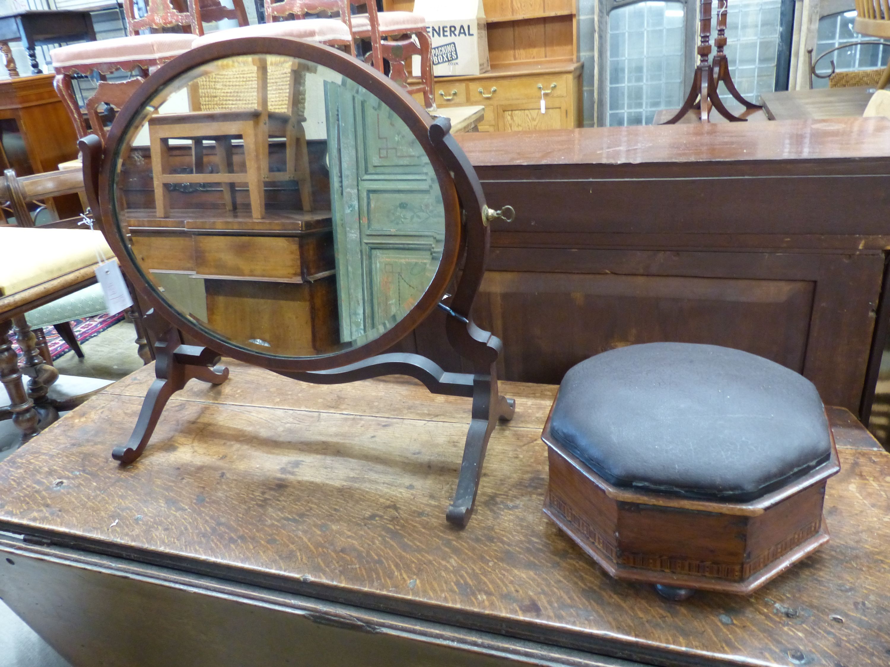A Victorian octagonal box seat footstool, length 26cm, height 14cm and a toilet mirror